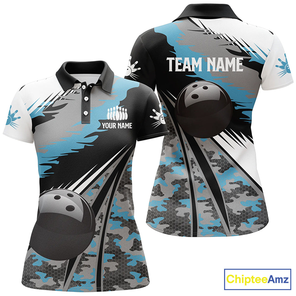 bowling polo shirts Custom black ball blue camo Bowling Team Jersey, gift for Bowlers