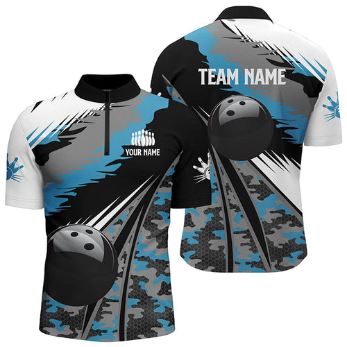 's bowling Quarter Zip shirts Custom black ball blue camo Bowling Team Jersey, gift for Bowlers