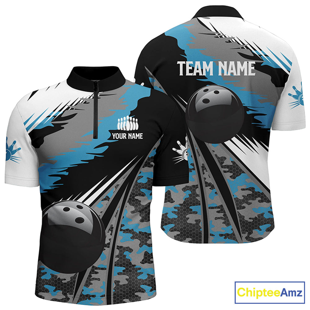 's bowling Quarter Zip shirts Custom black ball blue camo Bowling Team Jersey, gift for Bowlers