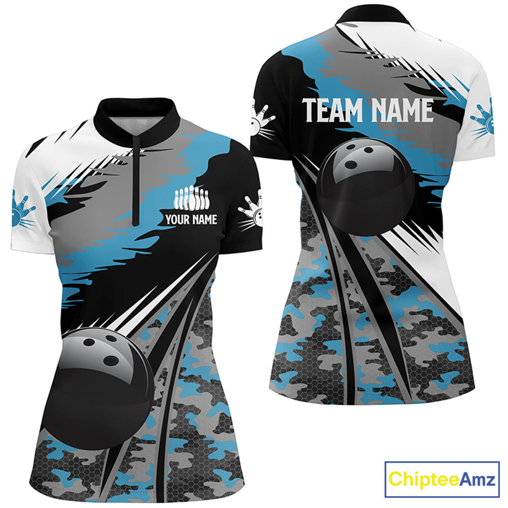 bowling Quarter Zip shirts Custom black ball blue camo Bowling Team Jersey, gift for Bowlers