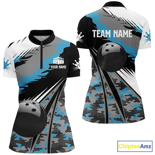 bowling Quarter Zip shirts Custom black ball blue camo Bowling Team Jersey, gift for Bowlers