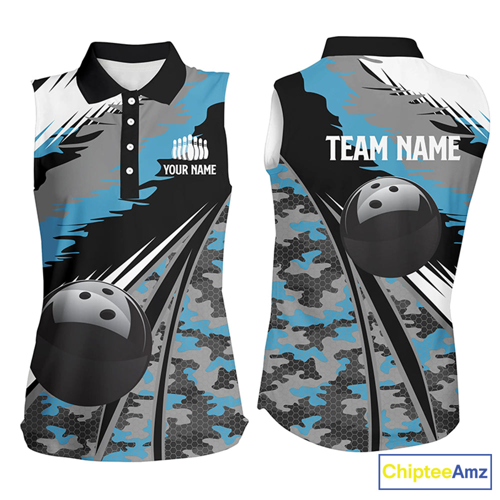 bowling sleeveless polo shirts Custom black ball blue camo Bowling Team Jersey, gift for Bowlers