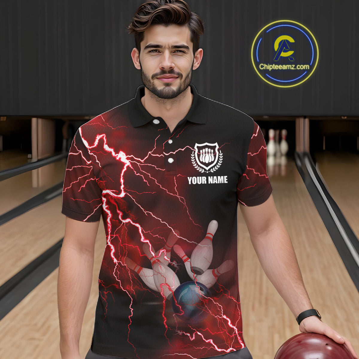 polo bowling shirts Custom red lightning thunder Bowling Team Jersey, gift for team Bowlers