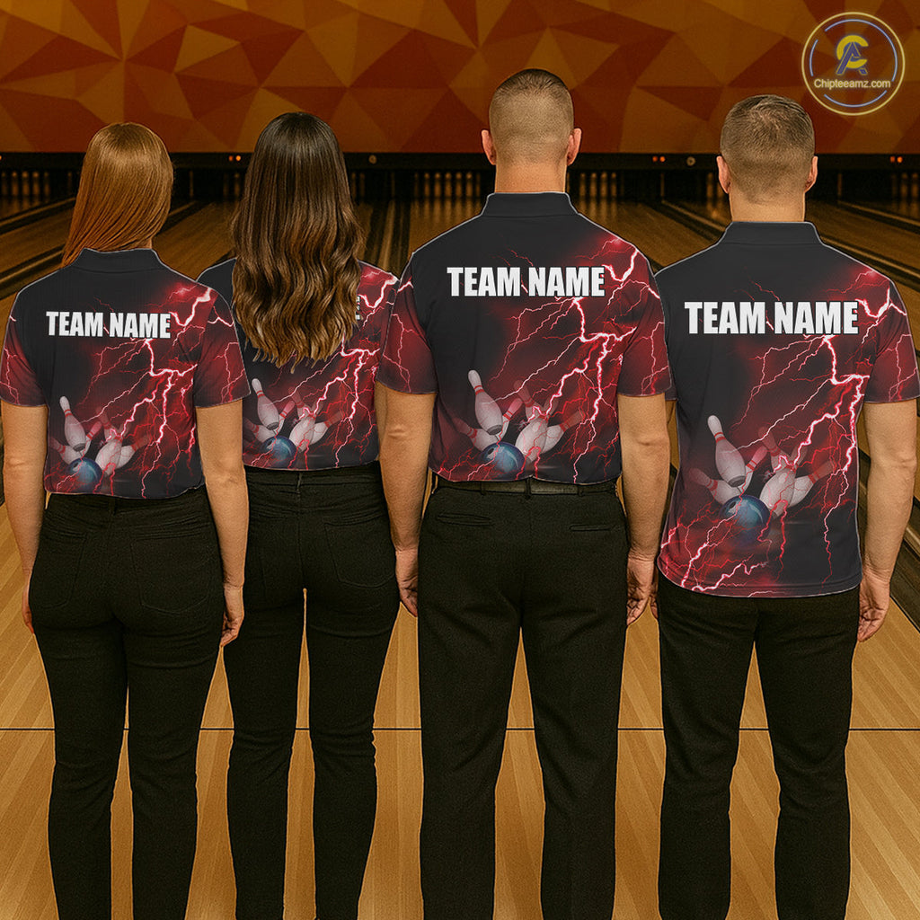 polo bowling shirts Custom red lightning thunder Bowling Team Jersey, gift for team Bowlers