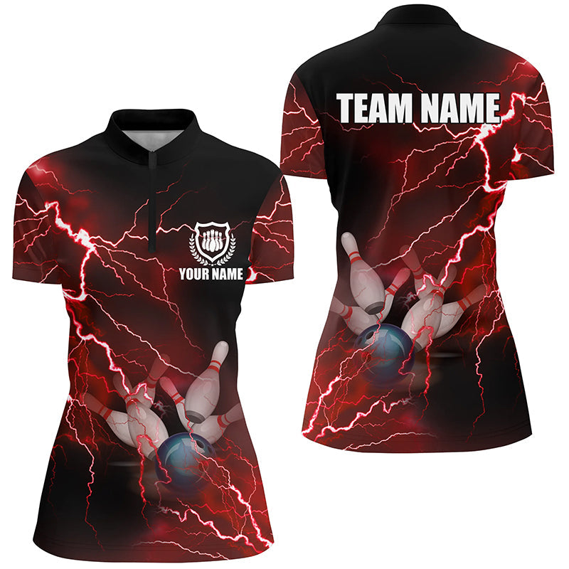 bowling Quarter Zip shirts Custom red lightning thunder Bowling Team Jersey, gift for Bowlers