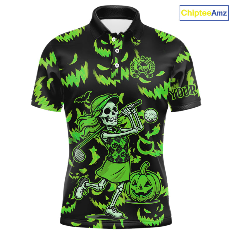 Green and Black Halloween Pattern Funny Skull Golf polo shirt Custom Halloween golf top