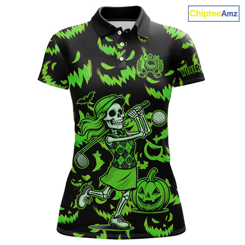 Green and Black Halloween Pattern Funny Skull Golf polo shirt Custom Halloween golf top