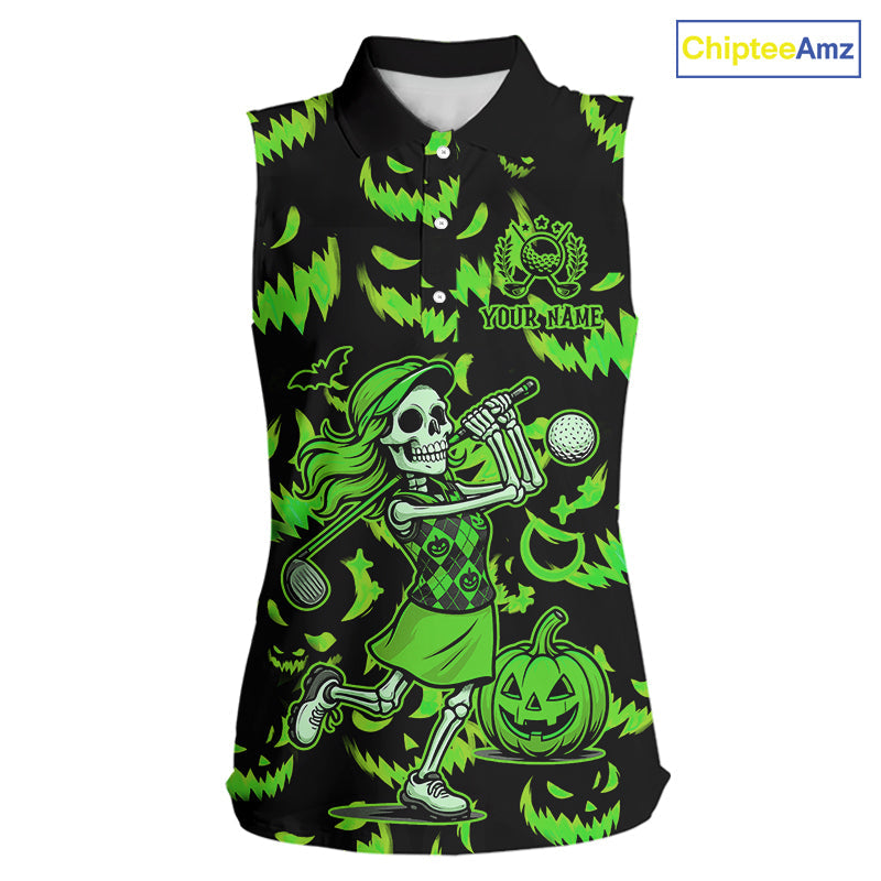 Green and Black Halloween Pattern Funny Skull Golf sleeveless polo shirt Custom Halloween golf top