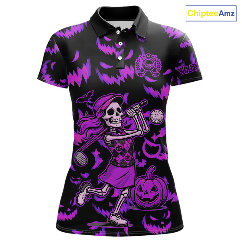 Purple and Black Halloween Pattern Funny Skull Golf polo shirt Custom Halloween golf top