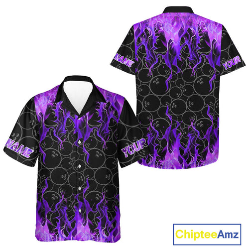 Black and Purple Flame camo Bowling Hawaiian Shirt Custom Flame Bowling Shirt Team Bowling Jersey