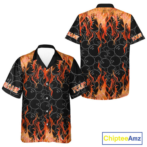 Black and Orange Flame camo Bowling Hawaiian Shirt Custom Flame Bowling Shirt Team Bowling Jersey
