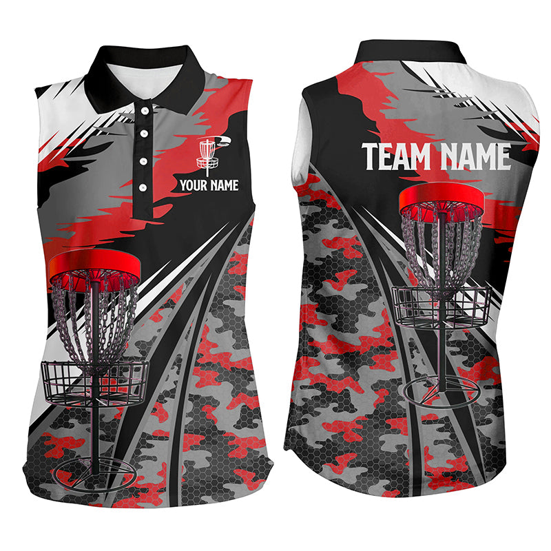 disc golf sleeveless polo Shirt custom red camo disc golf basket team disc golf outfit