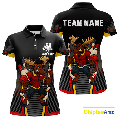 Black and Red Funny Moose Bowling shirts Custom polo, quarter zip bowling outfits