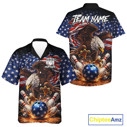 American Flag Flame Eagle Bowling Hawaiian Shirt Custom Patriotic Bowling Team Jersey
