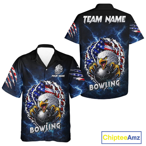 Blue Lightning Thunder US Flag Eagle Bowling Hawaiian Shirt Custom Patriotic Bowling Team Jerseys