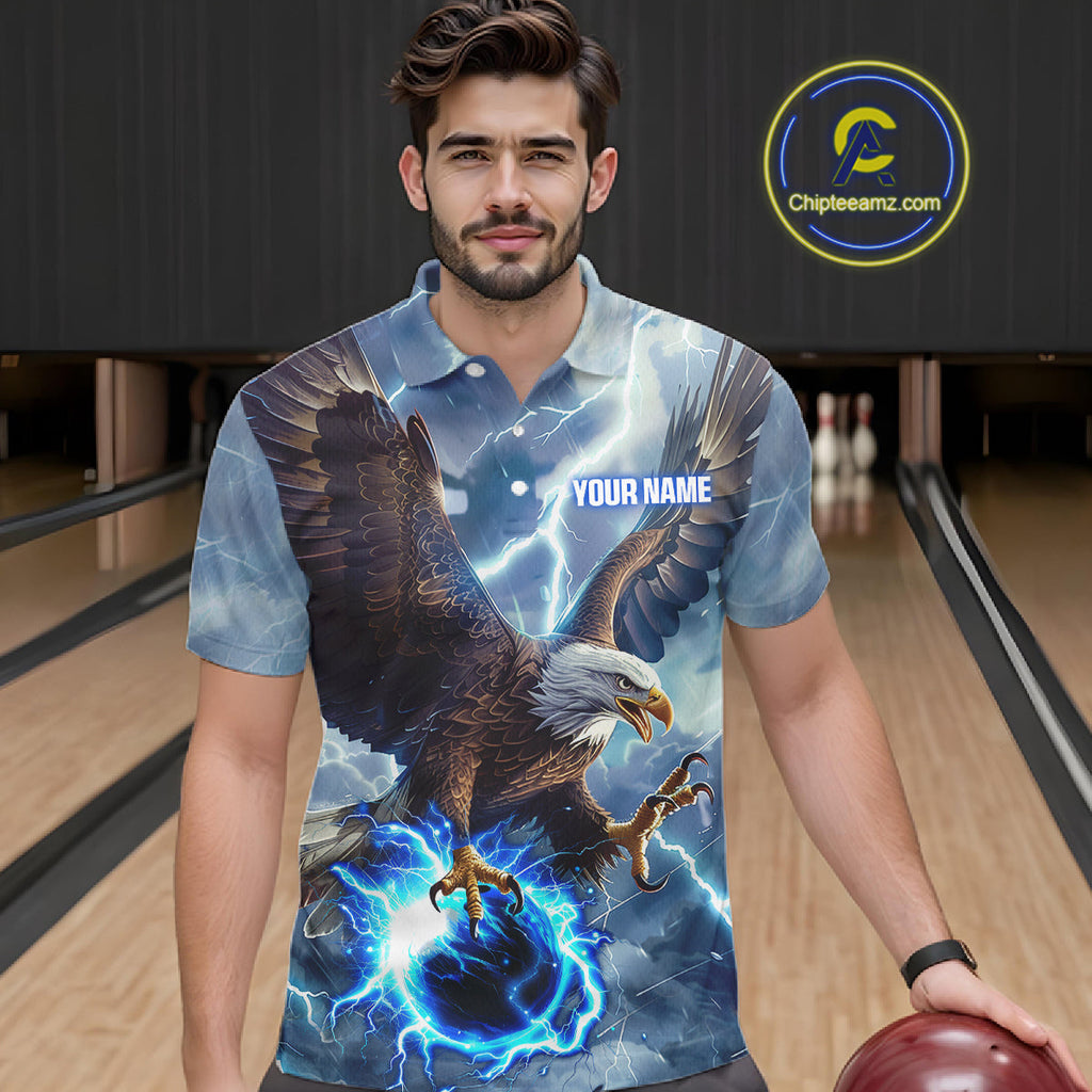 Blue lightning thunder bowling Eagle custom Bowling Polo Shirts, gift for team bowlers