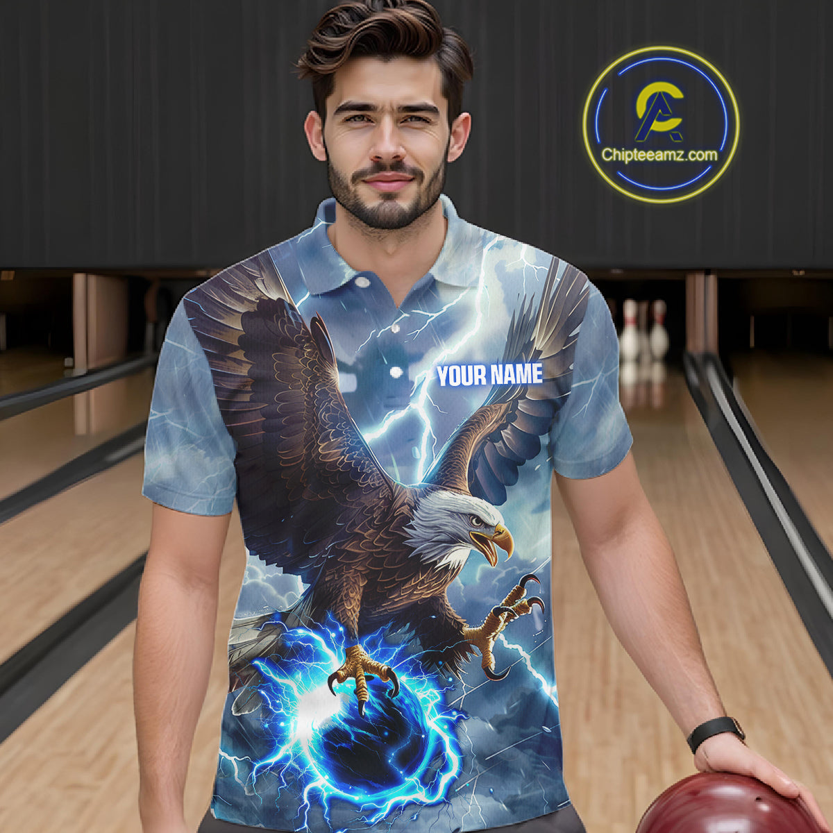Blue lightning thunder bowling Eagle custom Bowling Polo Shirts, gift for team bowlers