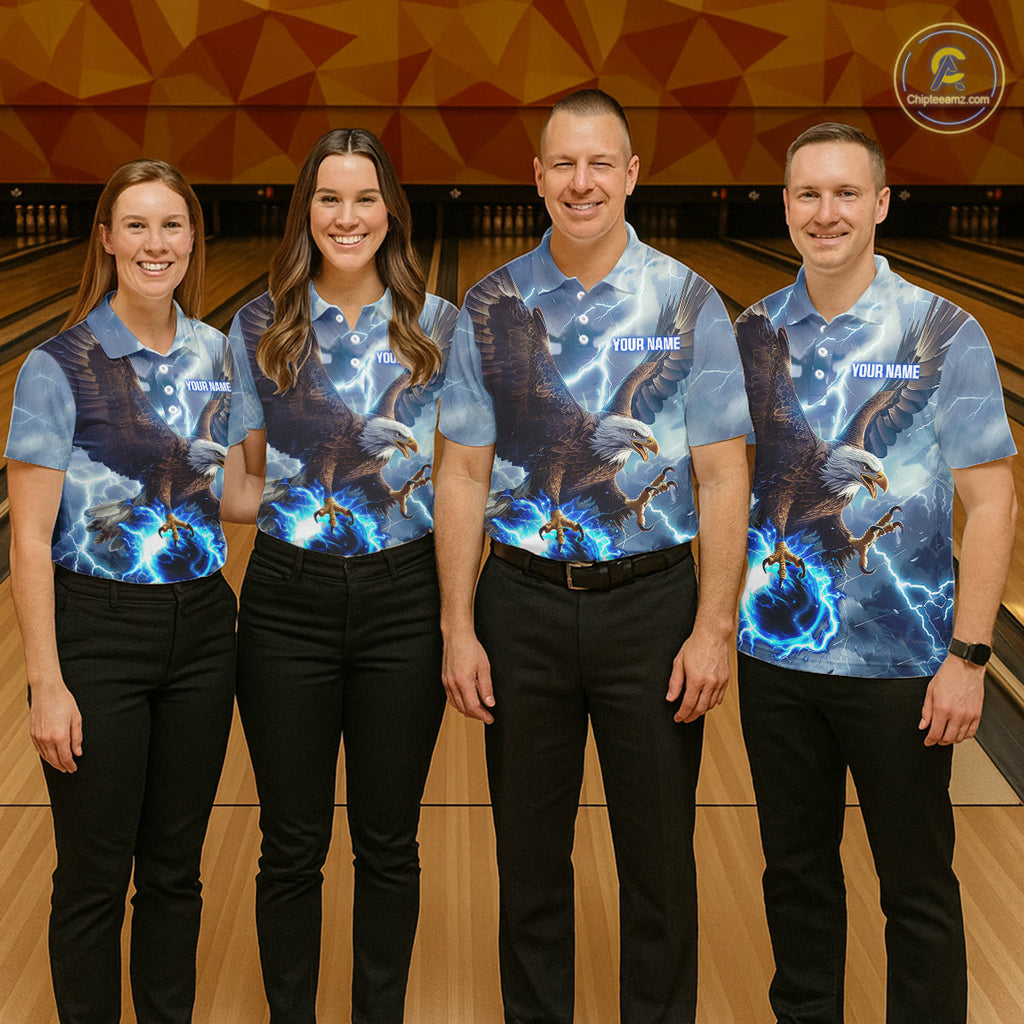 Blue lightning thunder bowling Eagle custom Bowling Polo Shirts, gift for team bowlers
