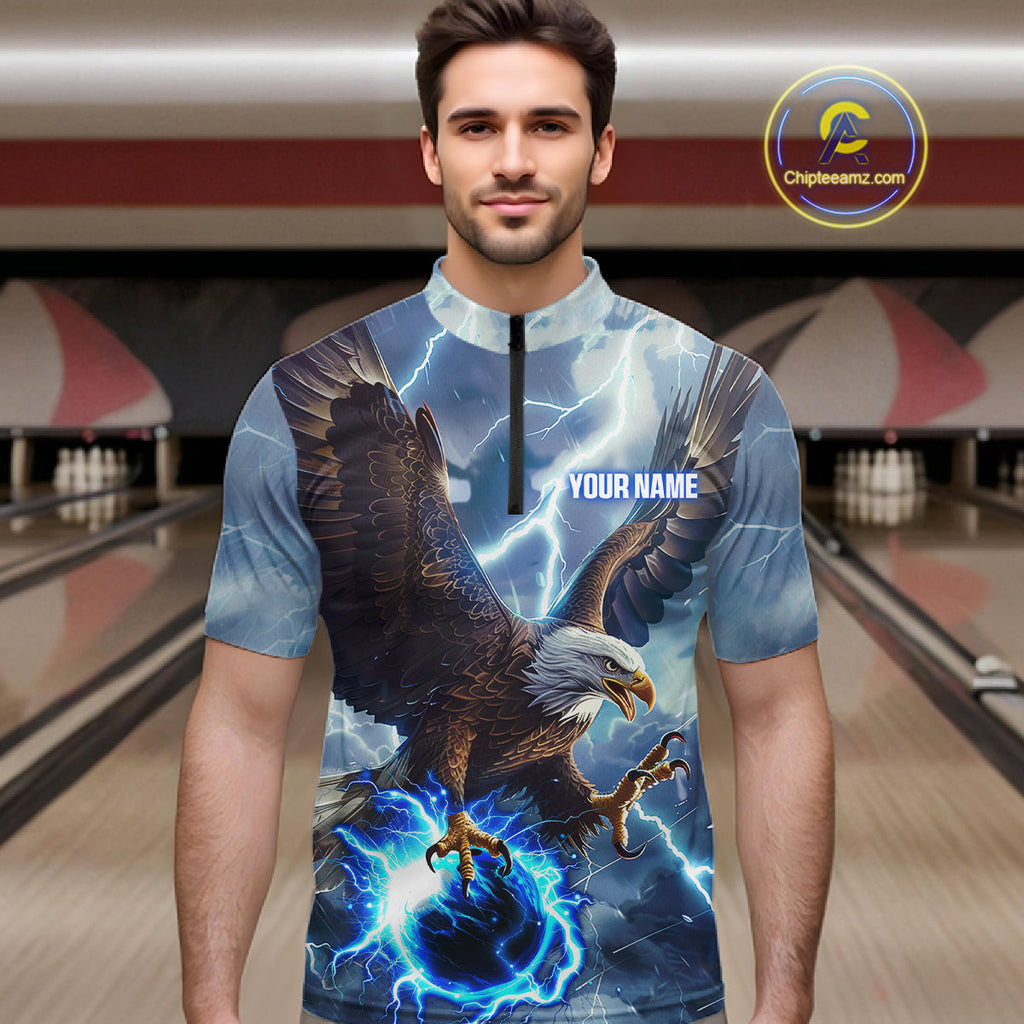 Blue lightning thunder bowling Eagle custom Bowling Quarter Zip Shirts, gift for team bowlers