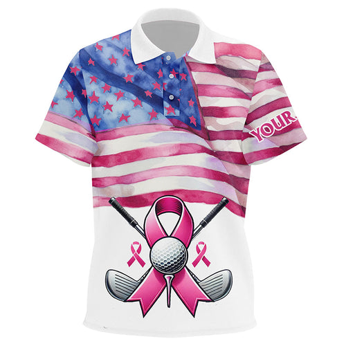Pink ribbon American Flag golf polo shirts custom Breast Cancer awareness golf shirts