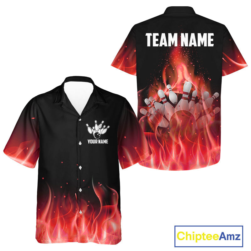 Personalized Hawaiian Bowling Shirt Red flame Bowling Ball Pins Team bowling jerseys for Bowler