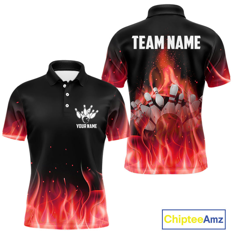 Personalized Bowling Shirt Red flame Bowling Ball and Pins Team bowling jerseys Bowler