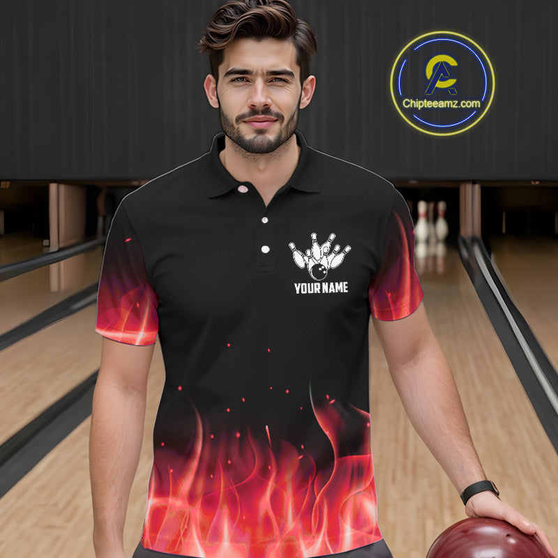 Personalized Bowling Shirt Red flame Bowling Ball and Pins Team bowling jerseys Bowler