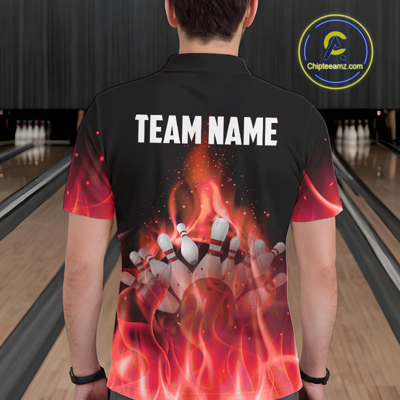 Personalized Bowling Shirt Red flame Bowling Ball and Pins Team bowling jerseys Bowler