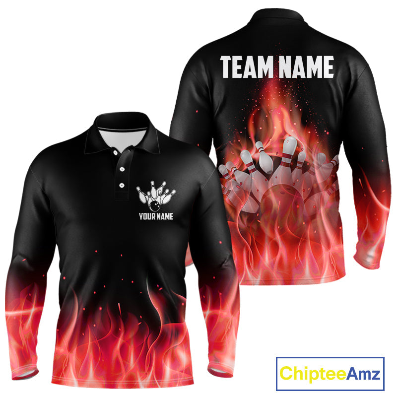 Personalized Bowling Shirt Red flame Bowling Ball and Pins Team bowling jerseys Bowler