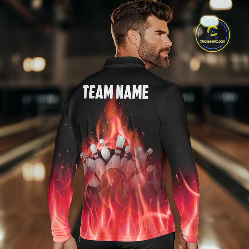 Personalized Bowling Shirt Red flame Bowling Ball and Pins Team bowling jerseys Bowler
