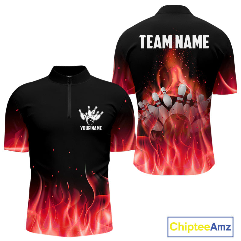 Personalized Bowling Shirt Red flame Bowling Ball and Pins Team bowling jerseys Bowler