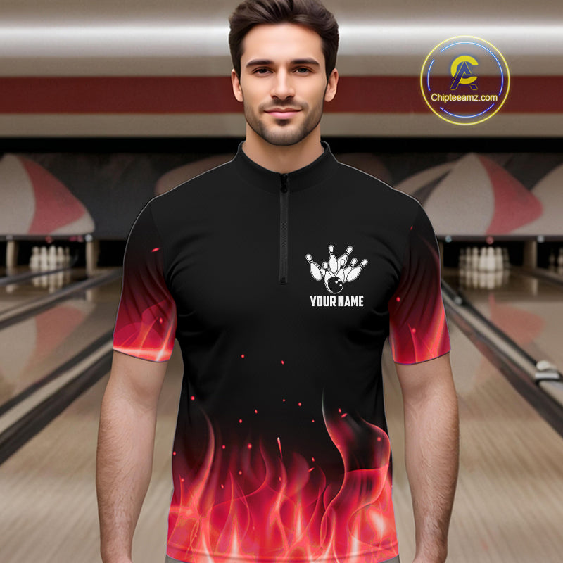 Personalized Bowling Shirt Red flame Bowling Ball and Pins Team bowling jerseys Bowler