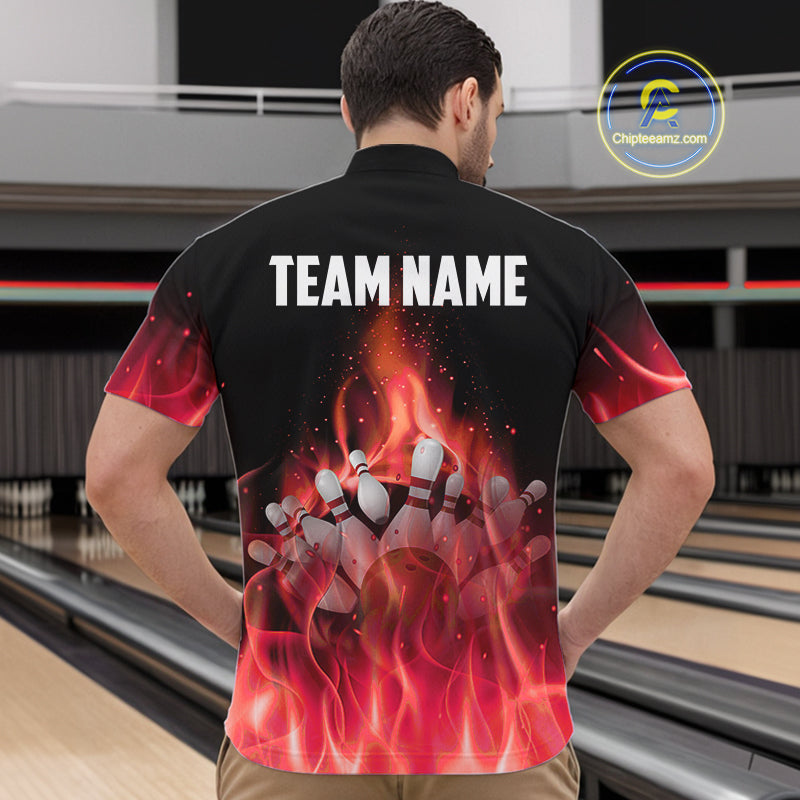 Personalized Bowling Shirt Red flame Bowling Ball and Pins Team bowling jerseys Bowler