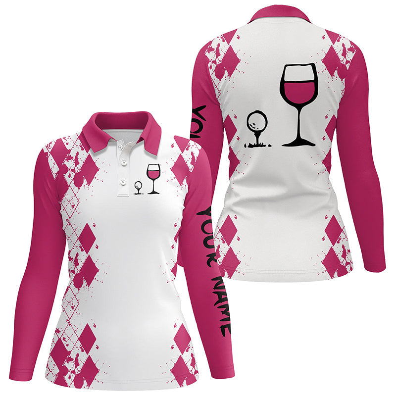 White Pink argyle pattern golf shirt Golf & wine custom name golf polo shirt