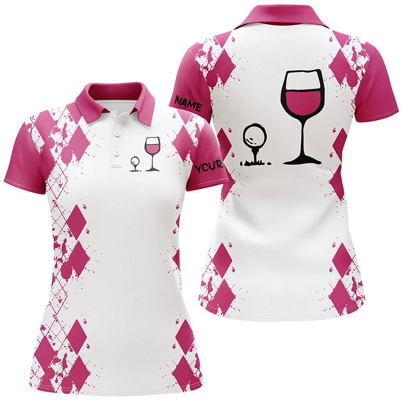 White Pink argyle pattern golf shirt Golf & wine custom name golf polo shirt
