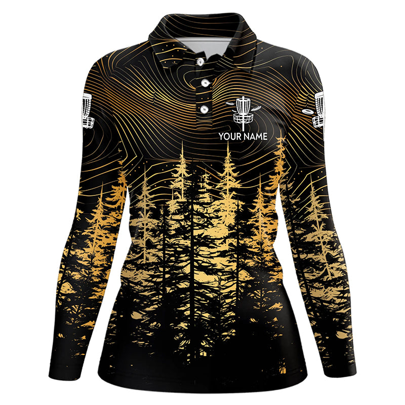 Black and Gold Forest Disc golf polo shirt custom disc golf apparel, best gifts for disc golfers