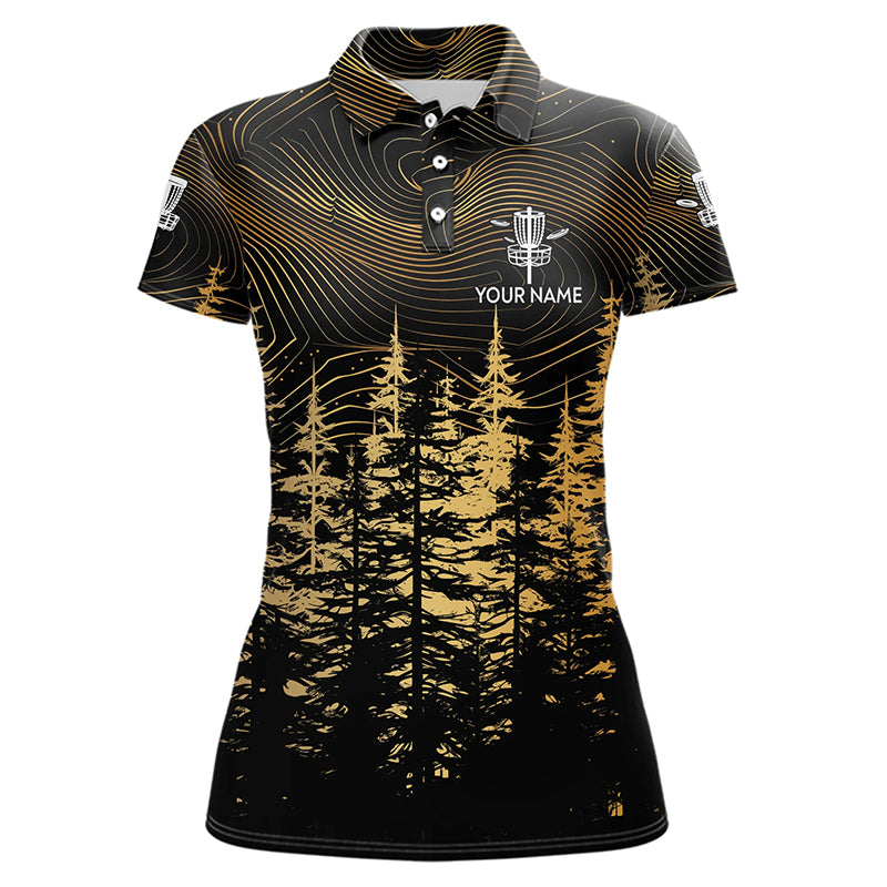 Black and Gold Forest Disc golf polo shirt custom disc golf apparel, best gifts for disc golfers