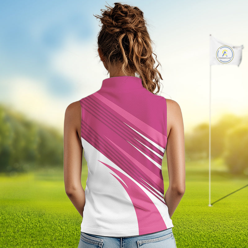 Pink and white Sleeveless Golf Polo Shirt custom golf tops, personalized golf gifts