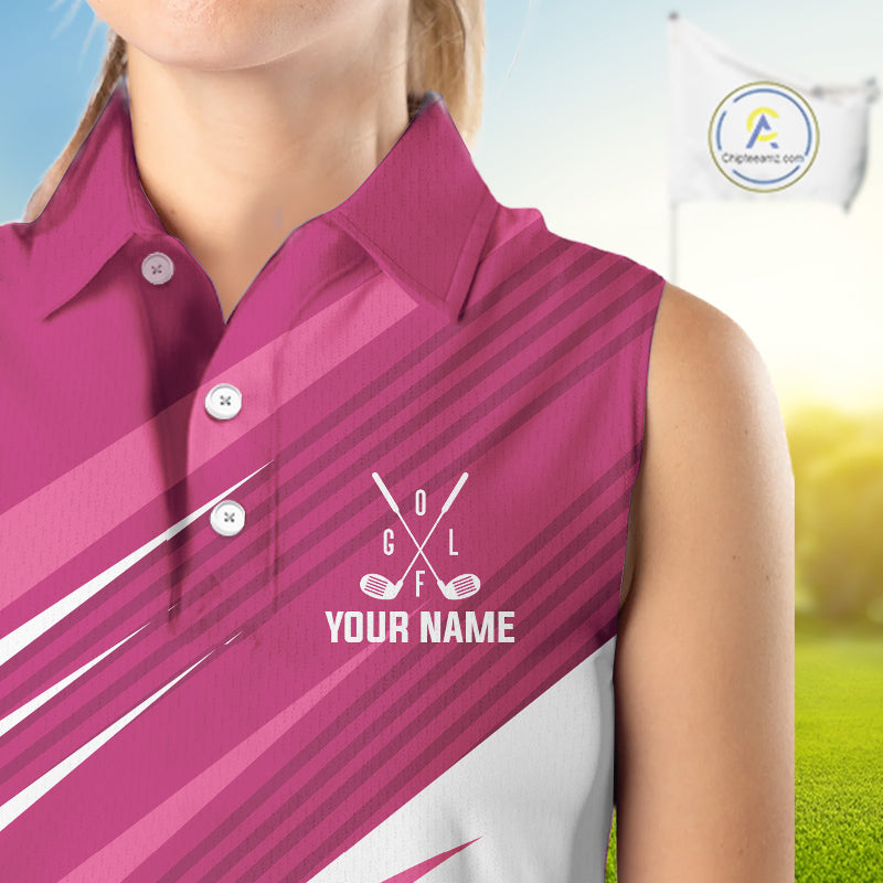 Pink and white Sleeveless Golf Polo Shirt custom golf tops, personalized golf gifts