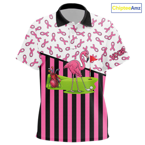 Pink ribbon pattern flamingo golf polo shirts Custom breast cancer awareness golf outfit