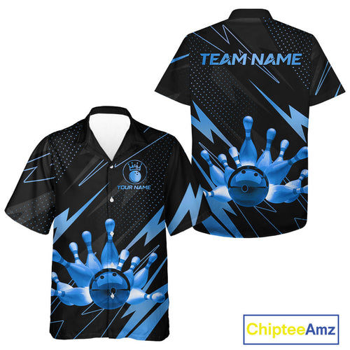 Custom Black and Blue Bowling Hawaiian shirts, Team Bowling League Button up shirt