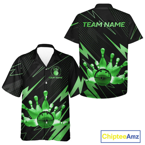Custom Black and Green Bowling Hawaiian shirts, Team Bowling League Button up shirt