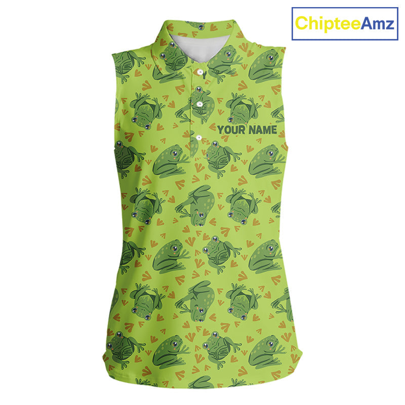 Funny Green Frog pattern Sleeveless polo shirt Custom golf top, personalized golf gifts