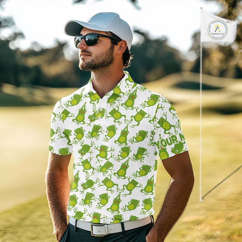 Funny Green Frog pattern Golf polo shirts Custom golf attire, gift for golfers