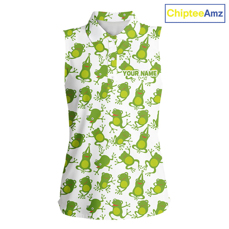 Funny Green Frog pattern Sleeveless polo shirt Custom golf attire, gift for golfers