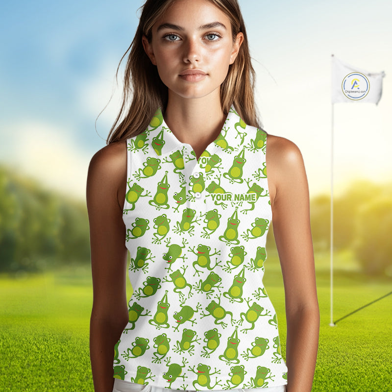 Funny Green Frog pattern Sleeveless polo shirt Custom golf attire, gift for golfers