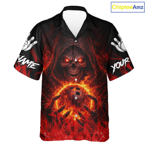 Black And Red Flame Skull Reaper hawaiian bowling shirts, Personalized button up bowling shirts