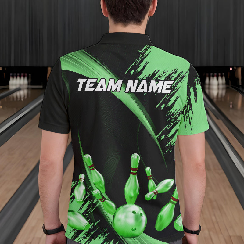 Personalized Black and Green Bowling Polo, Quarter Zip Shirts Custom Bowling Team Jersey