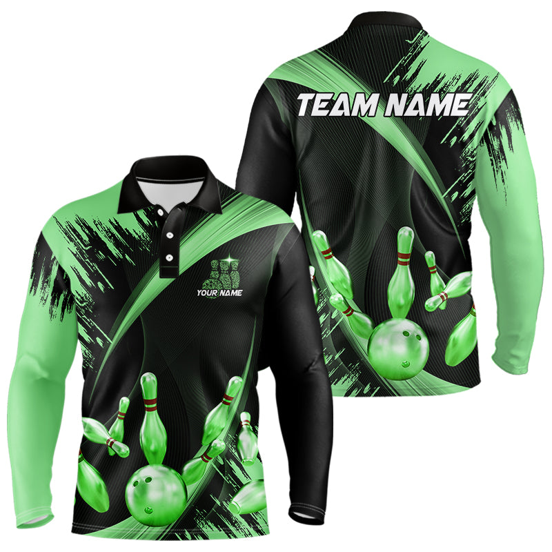 Personalized Black and Green Bowling Polo, Quarter Zip Shirts Custom Bowling Team Jersey