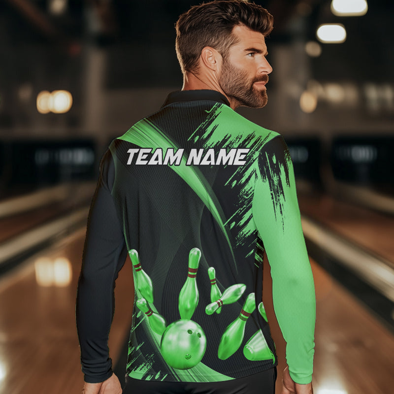 Personalized Black and Green Bowling Polo, Quarter Zip Shirts Custom Bowling Team Jersey